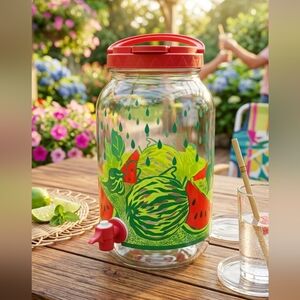 VTG Watermelon Glass 1 Gal Drink Dispenser Sun Tea/Lemonade Spigot Flip Top 🍉🍉